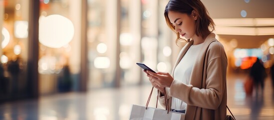closeup photo looking from the side of a woman using smartphone and carrying shopping bag while standing on the mall background