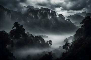 fog and mountain in  black and white color with small hut in the mountain with  with deep and dense...