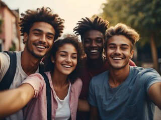 Multiracial young people laughing together at the camera - Happy group of friends having fun taking selfies pic with smart mobile phone - Youth community concept with guys and girls hugging outdoors - obrazy, fototapety, plakaty