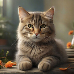Portrait of beautiful cat on wooden table