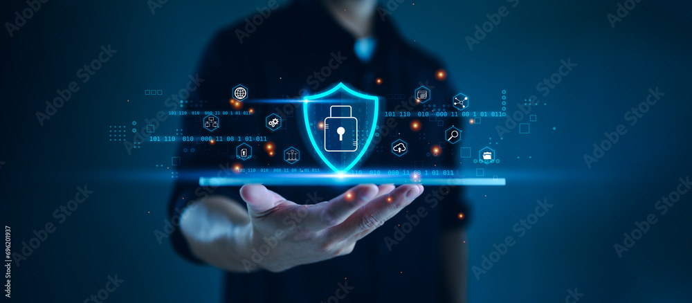 Aufkleber Digital cyber secure, Cybersecurity and privacy concepts to protect data. Lock icon and internet network security technology, Global network security technology, protect personal data and information.
