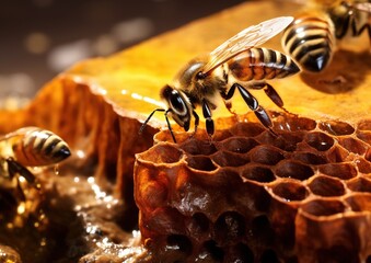 a bee on a honeycomb with honey, close-up