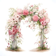 Obraz premium Watercolor illustration of a Wedding arch frame of pink flowers roses, wedding card invitation, love story, romantic, on white background 