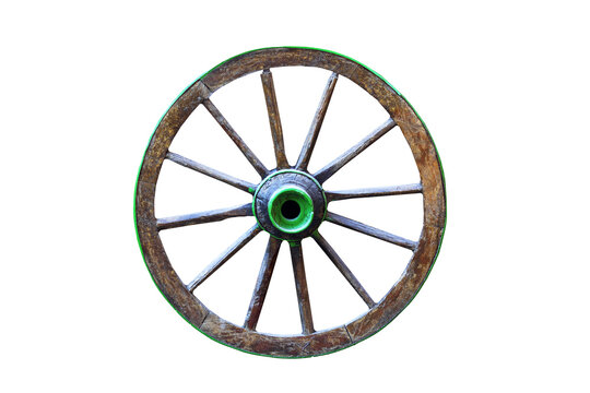Ancient horse carriage wheel. Isolated image. White background.