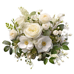 White rose, jasmine (Philadelphus) and gypsophila flowers in a floral arrangement isolated on white or transparent background