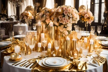 golden decoration of the wedding ceremony decoration in the greenery with roses placed in the table with full decoration of the interioer 