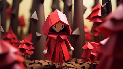 Paper origami little red riding hood in origami in the forest forest - obrazy, fototapety, plakaty