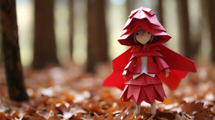 Paper origami little red riding hood in origami in the forest forest