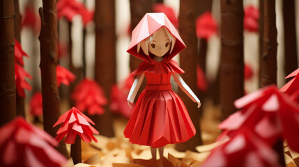 Paper origami little red riding hood in origami in the forest forest