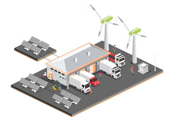 Isometric distribution logistic center with solar panels and wind turbines. Warehouse storage facilities with trucks isolated on white background. Loading discharging terminal.