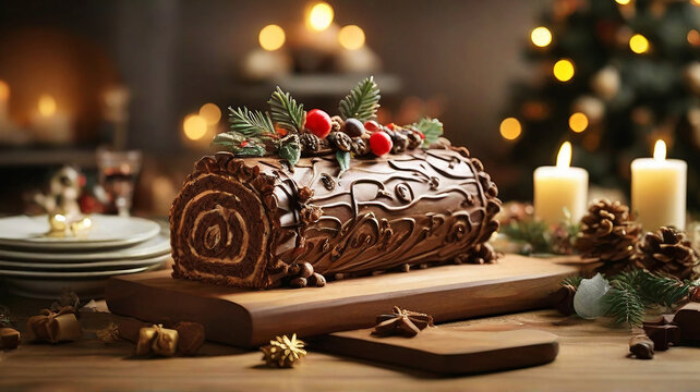 christmas log, traditional christmas cake, buche de noel, chocolate, pastry, decorated with christmas themed elements, family meal and tradition, light and christmas tree in the background