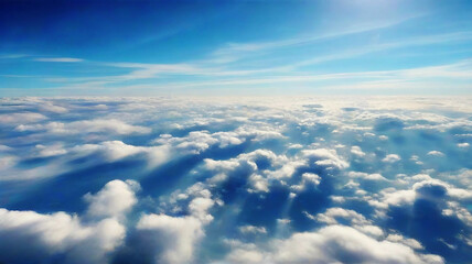 Fototapeta na wymiar Blue sky with white clouds, flying above the clouds, picture from plane, heaven, sunny day, fair weather, bright daylight, sky with few clouds, sky gradient, sky background, nature