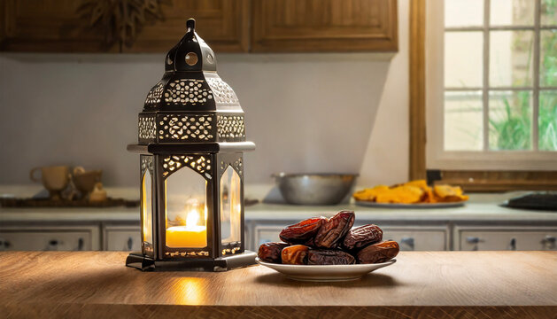A lantern and dates fruit is placed on a wooden table with a clean kitchen at home for the Muslim feast of the holy month of Ramadan Kareem.