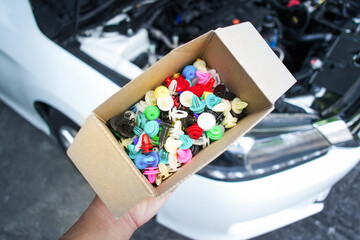 Car plastic clips or plastic fasteners with colorful in paper box for car , Car spare parts concept