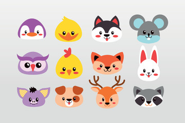 Flat Colorful cute animals doodle vector illustration