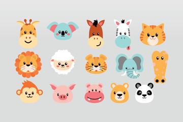 Flat Colorful cute animals doodle vector illustration