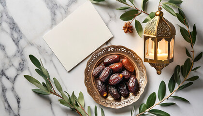 Ramadan Kareem mockup. Bronze plate with dates fruit, olive branches, glowing Moroccan lantern and blank greeting card on white marble table. Flat lay, top view. wider copy space for many text - obrazy, fototapety, plakaty