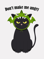 A funny black cute cat is angry because they put a green dragon hat on him for a festive mood. Text: Don't make me angry. Vector.