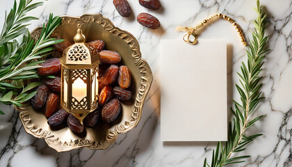 Ramadan Kareem mockup. Bronze plate with dates fruit, olive branches, glowing Moroccan lantern and blank greeting card on white marble table. Flat lay, top view. wider copy space for many text - obrazy, fototapety, plakaty
