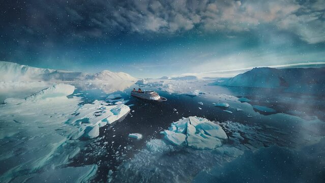Aerial view of of the liner on a voyage in the polar regions