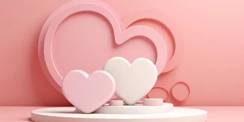 Fotobehang Happy St Valentines day podium display with pink white pastel hearts shape. Romantic love design template © sderbane