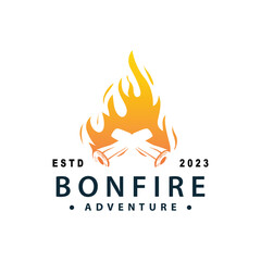 Design wood and fire, logo campfire bonfire vector camping adventure vintage illustration