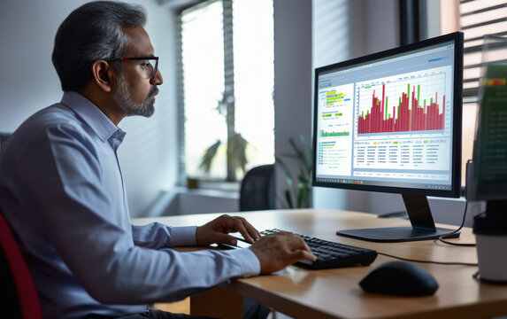 Indian Man Working On Computer At Office