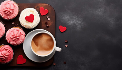 Valentines day concept, delicious cupcake with heart on top with morning coffee on dark background with copy space - Powered by Adobe