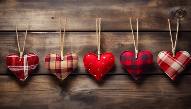 Tartan Love Valentine's hearts different red colors, natural cord and red clips hanging on rustic wooden background, copy space
