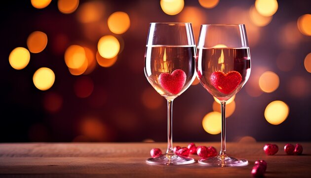 Romantic festive table setting with two wine glasses,  hearts  standing on sparkling table, red hearts, bokeh lights
