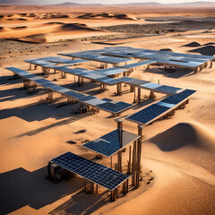 Smart infrastructure adapts to the extreme desert conditions, showcasing innovative technologies like self-healing materials and energy-efficient systems designed for sustainability in arid  - obrazy, fototapety, plakaty