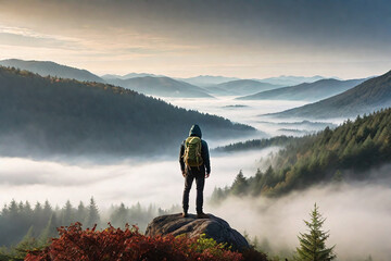 Forest, fog, mountains in the distance, man in the sport hood standing looking back to the deep fog inside the forest.