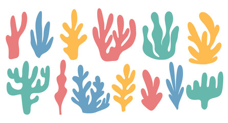 Seaweed set in silhouette style. Collection of colored underwater plants. Flat style. vector illustration.