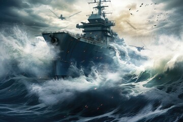 Fototapeta premium Aircraft carrier Military strategic ship, panoramic view of a generic military aircraft carrier ship with fighter jets in wave sea Ai generated