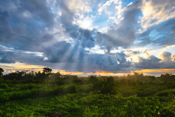 Afternoon sun ray penetrating cloudy sky over tropical fields in Yogyakarta