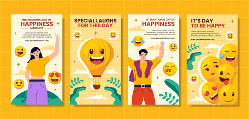 Happiness Day Social Media Stories Flat Cartoon Hand Drawn Templates Background Illustration
