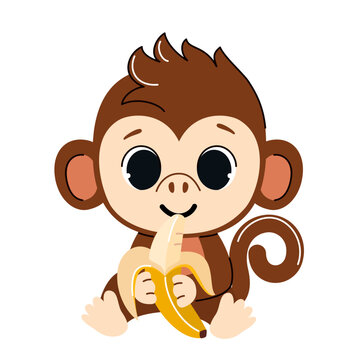 Cute monkey sits and eats a banana. Baby vector illustration in trendy flat style.