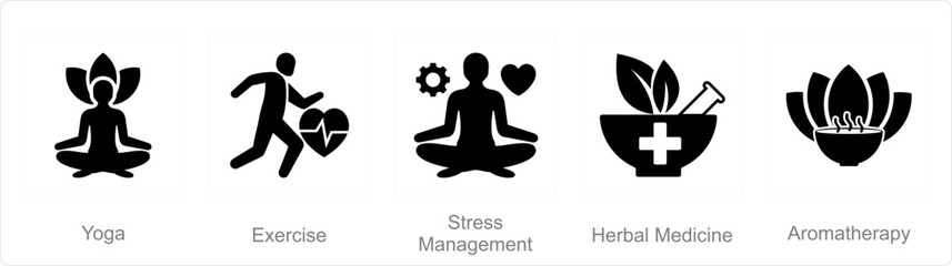 A set of 5 mix icons as yoga, exercise, stress management
