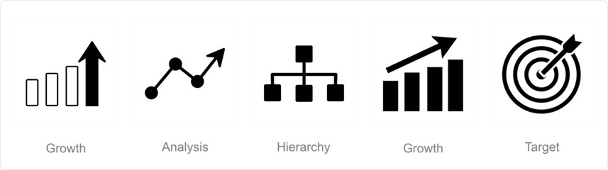 A set of 5 mix icons as growth, analysis, hierarchy
