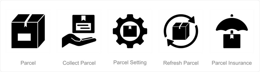 A set of 5 mix icons as parcel, parcel setting, refresh parcel