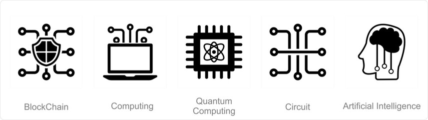 A set of 5 mix icons as block chain, computing, quantum computing