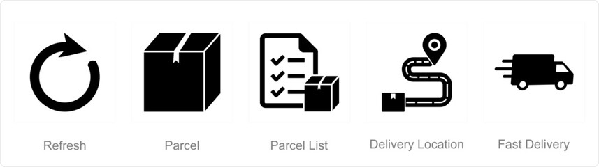 A set of 5 mix icons as refresh, parcel, parcel list