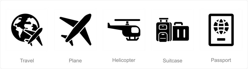 A set of 5 mix icons as travel, plane, helicopter