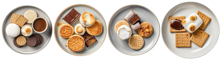 Top view of plates with Smores, marshmallow, chocolate and cookies for the campfire