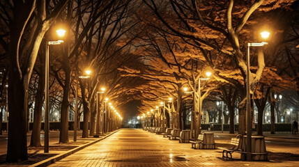 冬の夜の道、街灯と歩道の風景