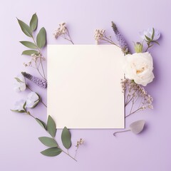 Blank paper greeting card with elegant lilac botanical flower bouquet, wedding reception card, luxury place card mock up