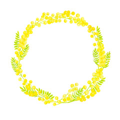 美しいミモザで編んだ春らしいリース。水彩イラストを使用。