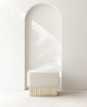 Modern stool chair podium in sunlight, palm tree leaf shadow on wall arch for interior design decoration, luxury organic beauty, cosmetic, skincare, body care, fashion product display background 3D