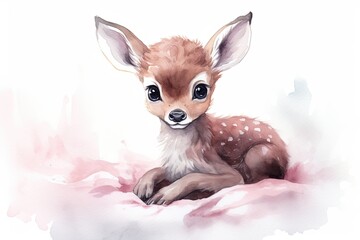A charming baby deer resting on soft pink and white bedding