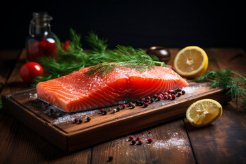 Delicious  raw salmon steak on a wooden table with lemon, salt and pepper